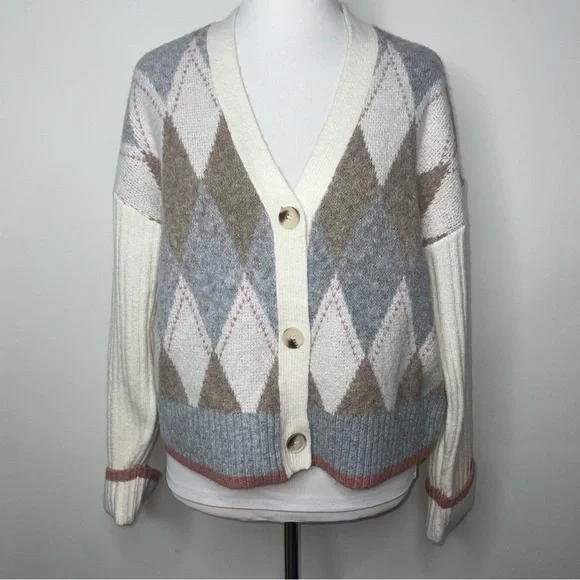 Rachel Zoe Academia Argyle Preppy Cardigan Sweater Size S Neutral Long Sleeve - Picture 1 of 12